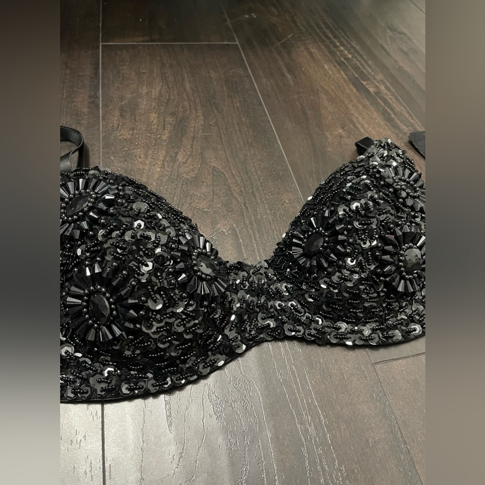 Vintage Hand-Beaded Black Bra
